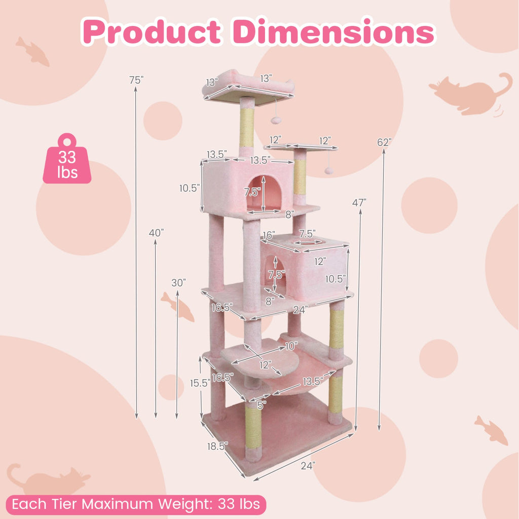 Multi-level Cat Tree Modern Cat Tower with Upholstered Perch and 2 Cat Condo