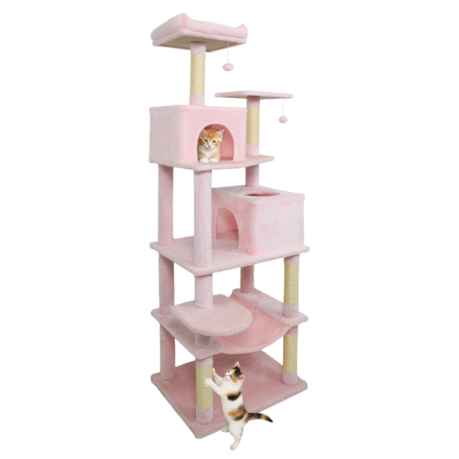Multi-level Cat Tree Modern Cat Tower with Upholstered Perch and 2 Cat Condo Pink