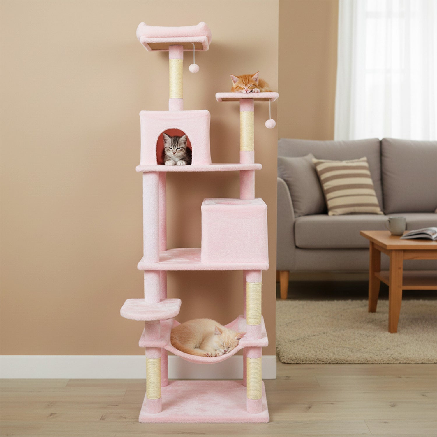 Multi-level Cat Tree Modern Cat Tower with Upholstered Perch and 2 Cat Condo