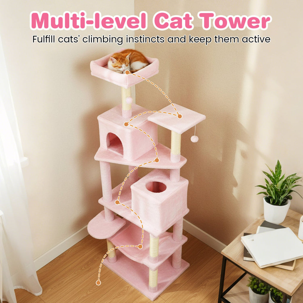 Multi-level Cat Tree Modern Cat Tower with Upholstered Perch and 2 Cat Condo