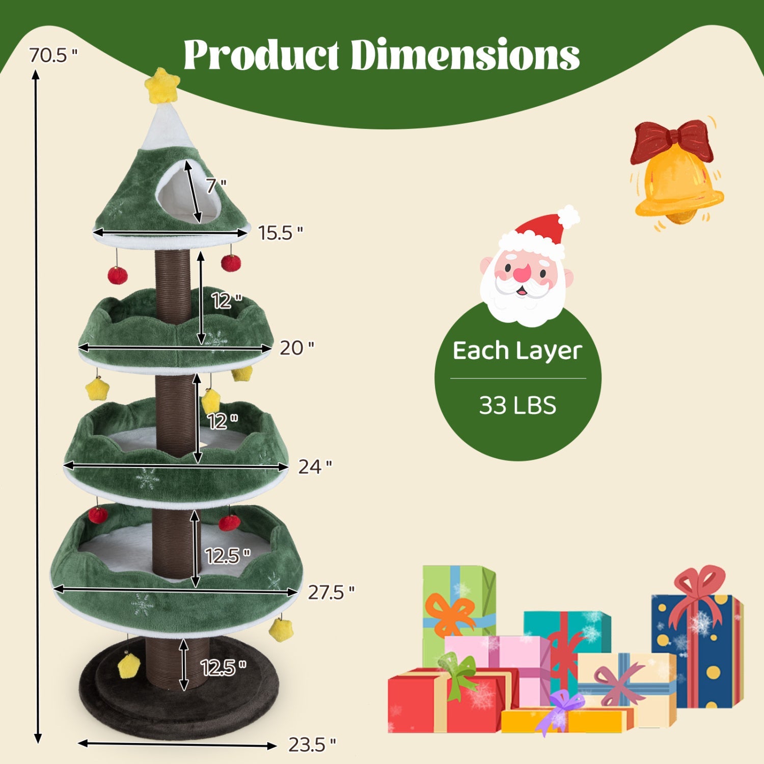 Christmas Cat Tree with 3 Platforms & Top Perch