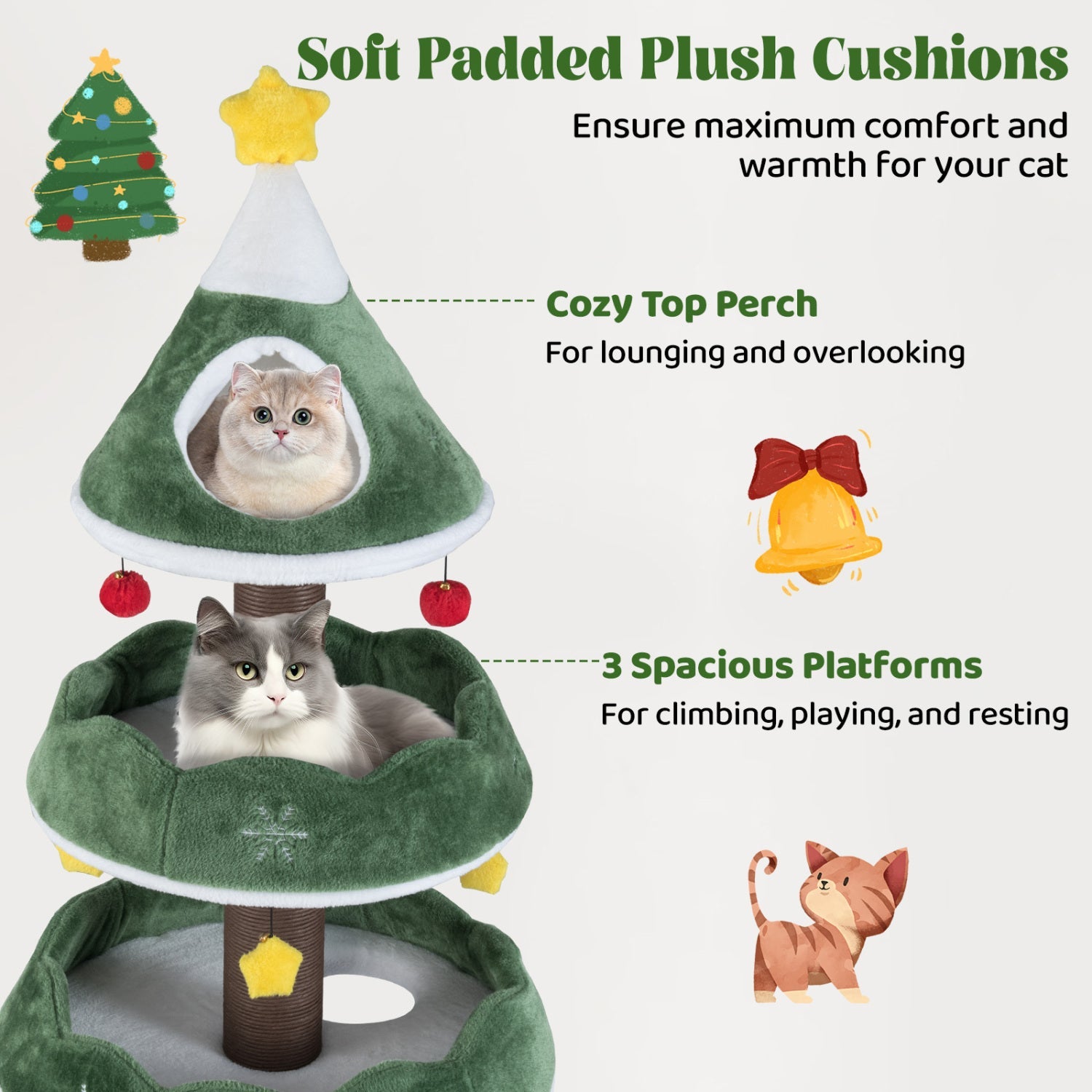Christmas Cat Tree with 3 Platforms & Top Perch