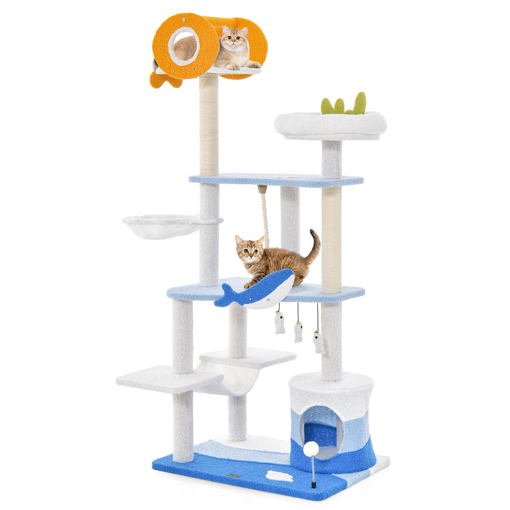 Multi-level Ocean-themed Cat Tree Tower with Sisal Covered Scratching Posts-Blue Default Title