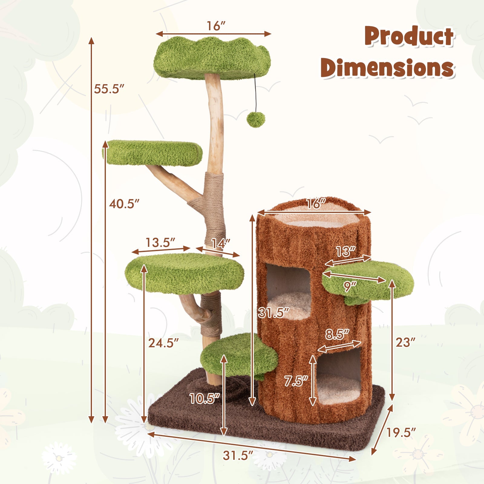 Multi-level Cat Tree with Double Decker Cat House and Sisal Panel-Brown