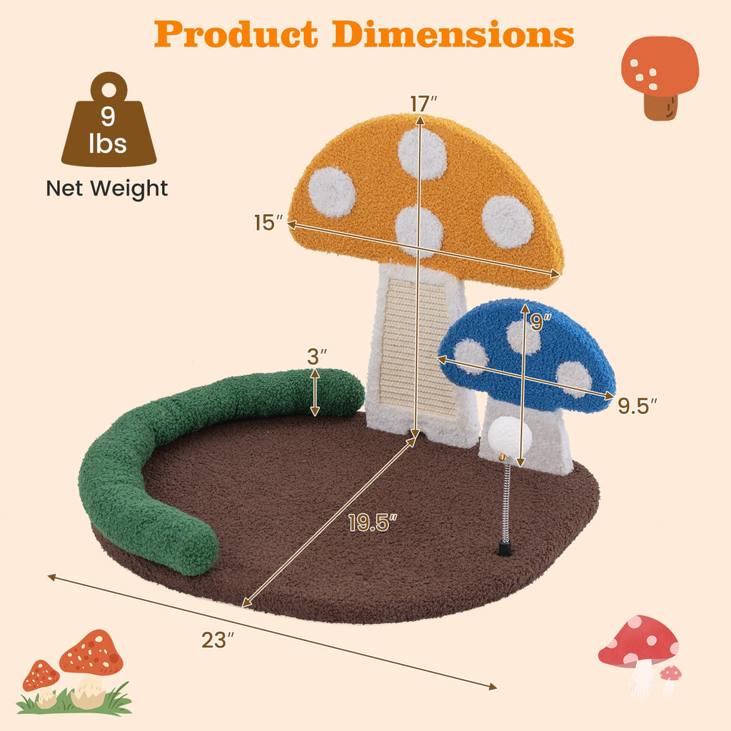 Mushroom Cat Bed Cat Claw Scratcher with Wide Bed and Sisal Scratch Panel-Multicolor