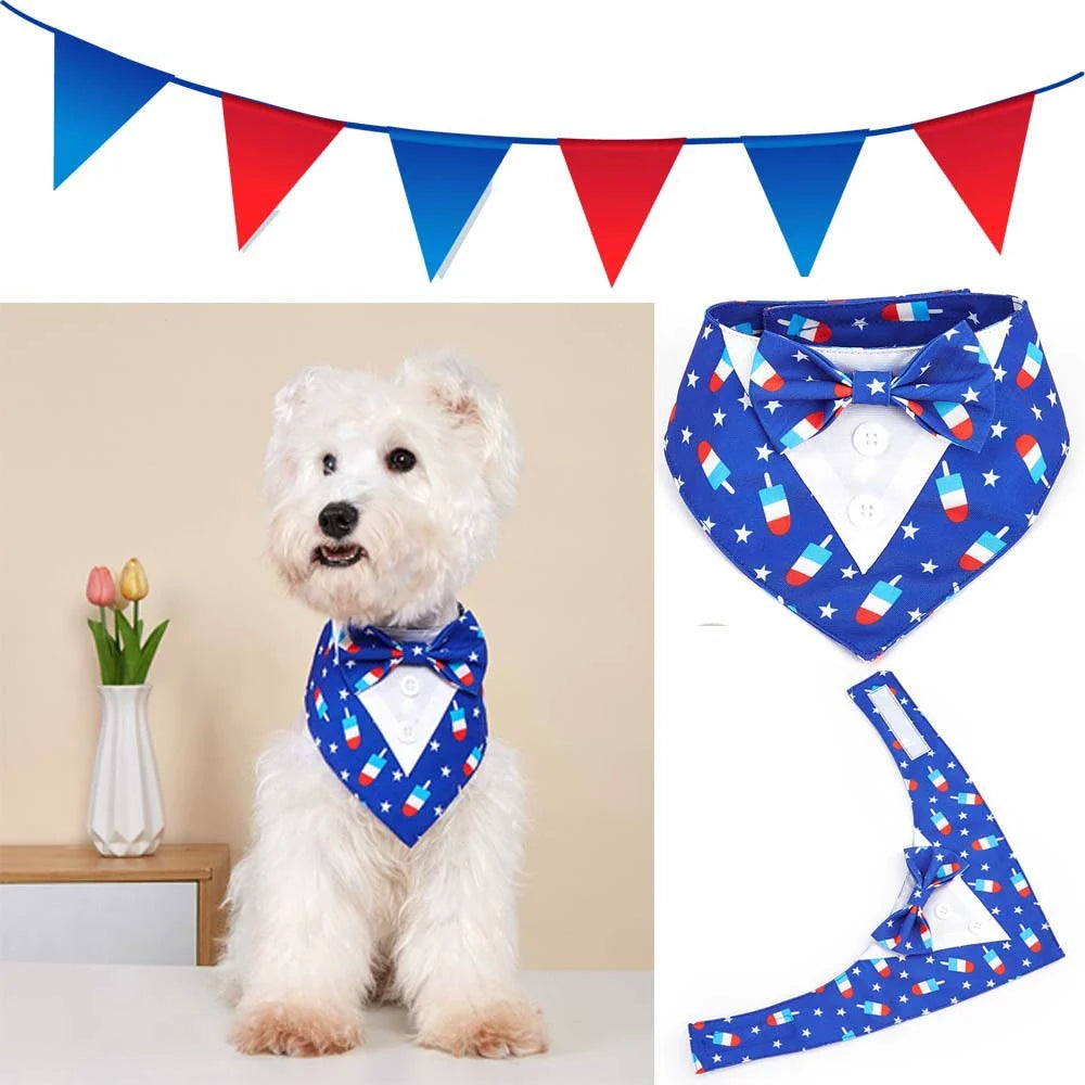 Patriotic Popsicle Dog Tuxedo Bandana Collar – 4th of July Bow Tie Pet Bib Scarf USA