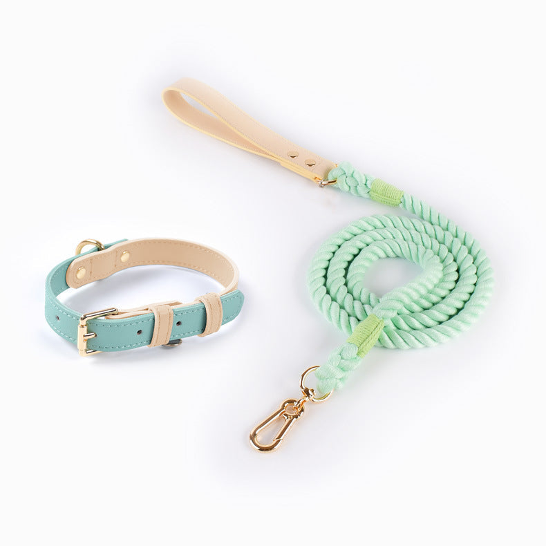Boutique Pastel Dog Collar and Rope Leash Set – Adjustable Leather Pet Collar with Soft Cotton Lead for Small & Medium Dogs