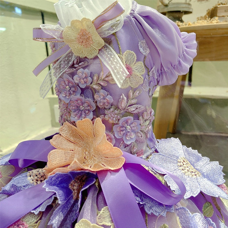 Luxury Lavender Floral Princess Dog Dress with Train – Light Purple Elegant Couture Pet Gown for Weddings & Photoshoots