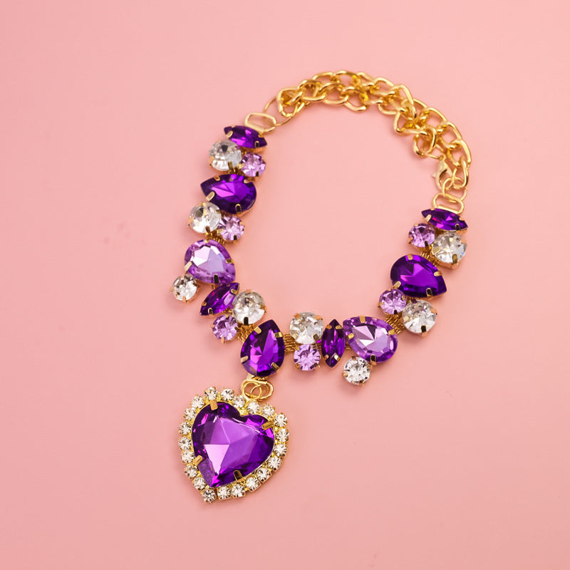 Luxury Heart Crystal Pet Necklace Dog Accessories Amethyst Purple Heart