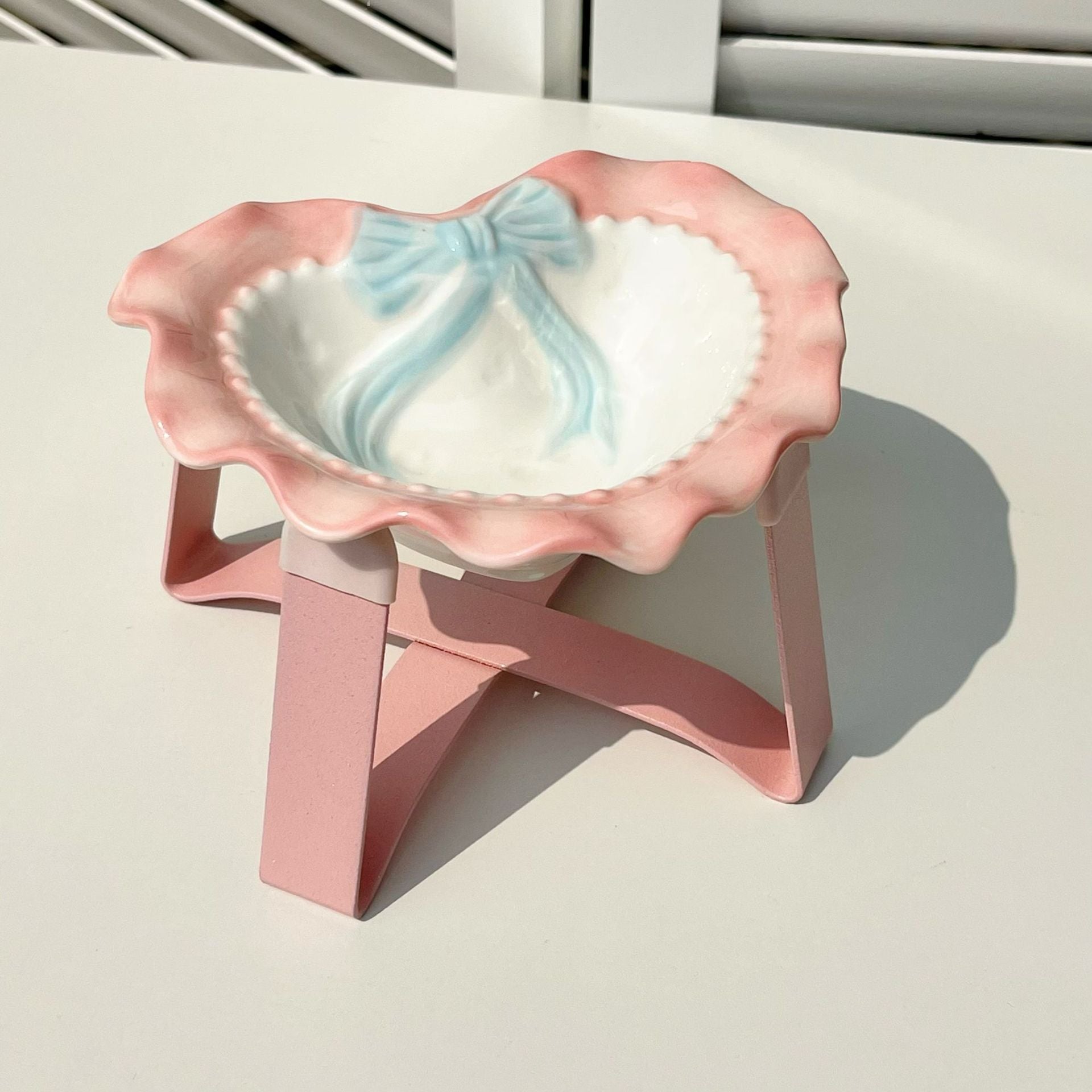 Ceramic Pet Bowl with Bow – Raised Cute Design