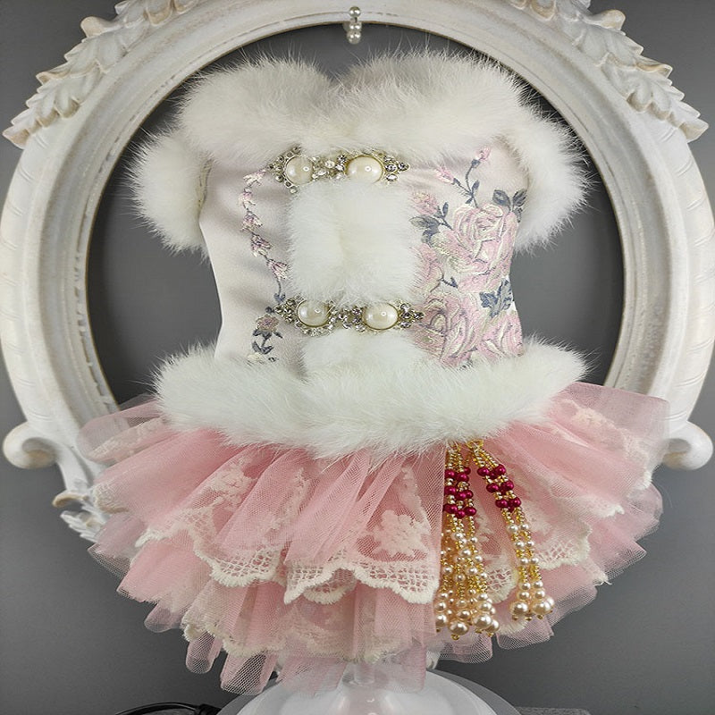 Handmade Chinese Brocade Winter Pet Dress with Fur Collar