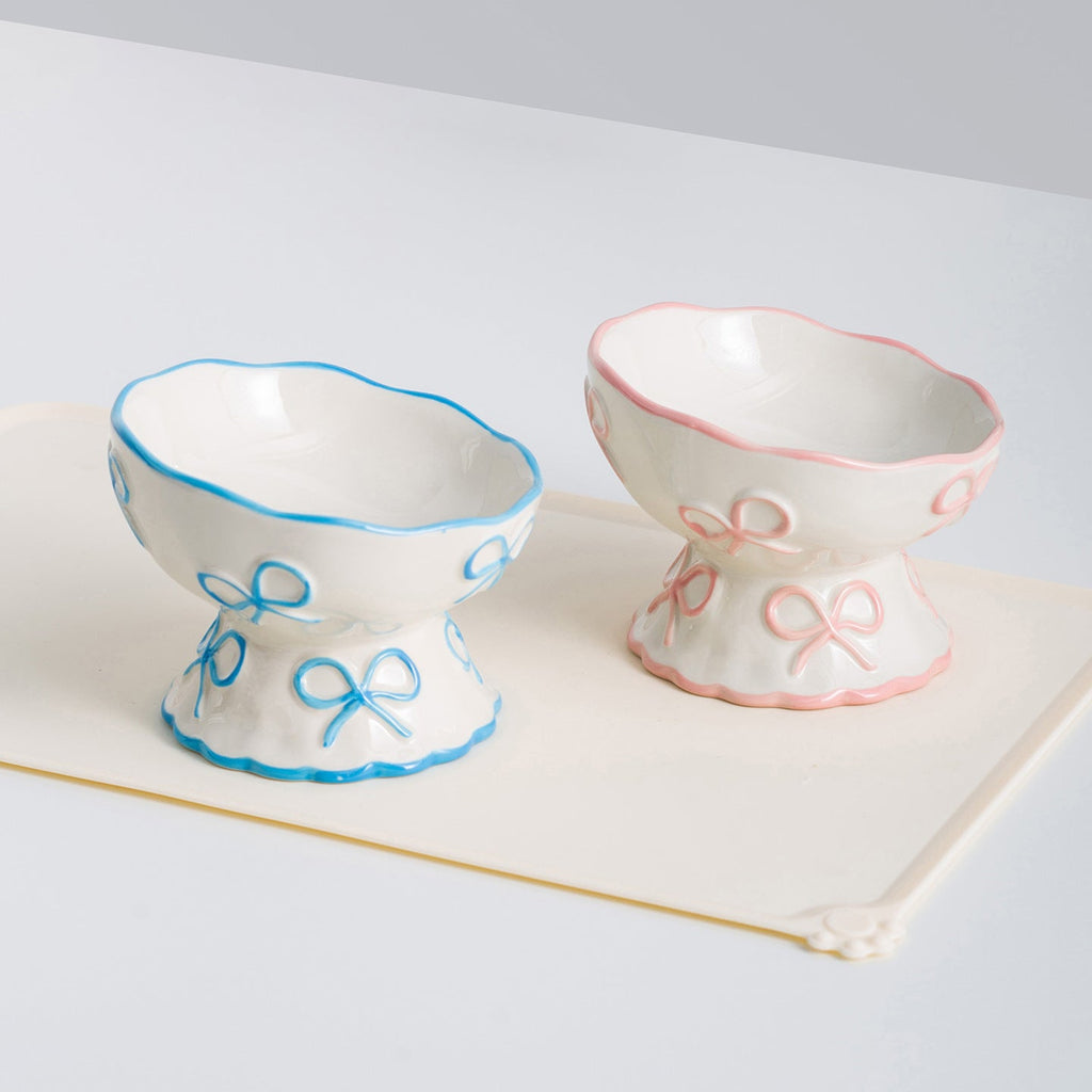 Cute Bow Ceramic Pet Bowl Elevated Princess Dog Cat Feeding Bowl