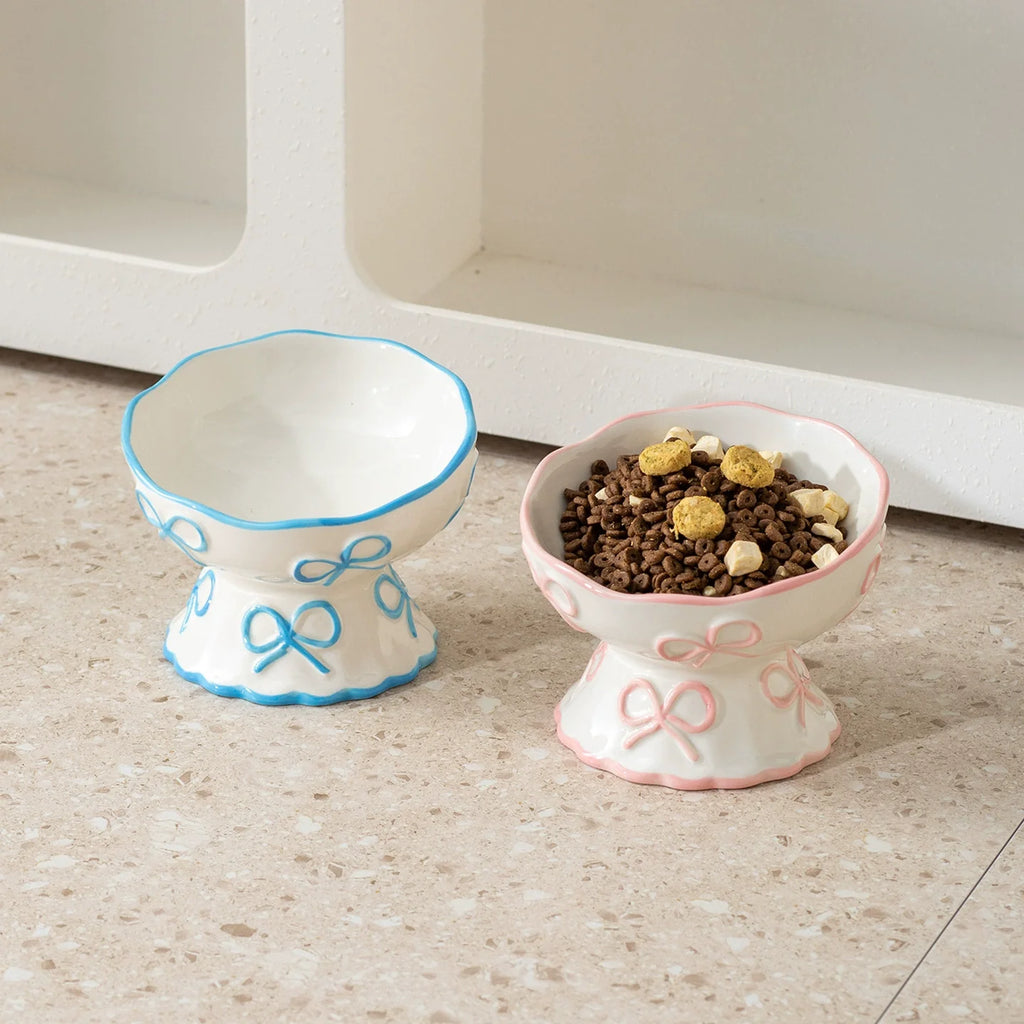 Cute Bow Ceramic Pet Bowl Elevated Princess Dog Cat Feeding Bowl