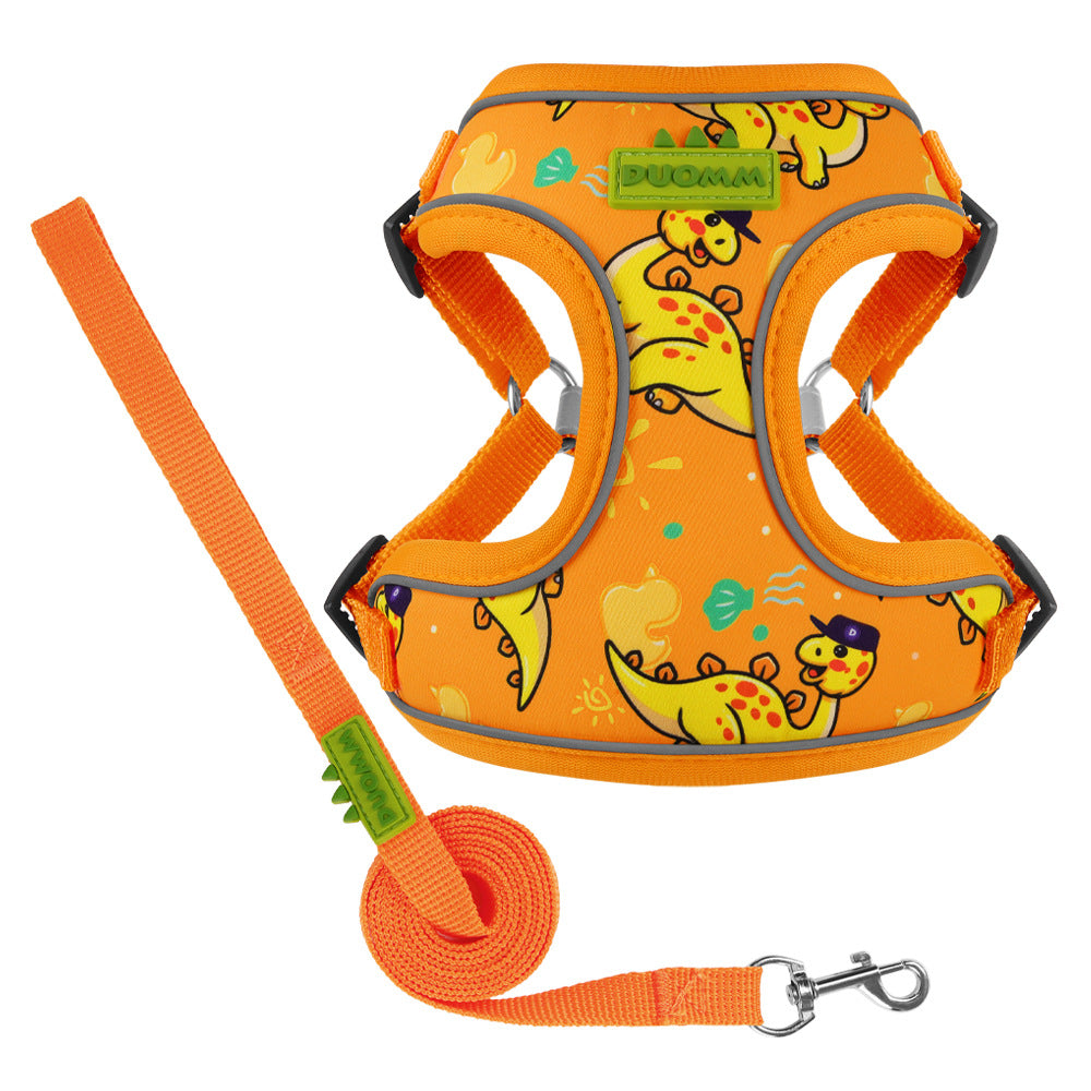 Cute Dinosaur Dog Harness & Leash Set – Breathable Adjustable Pet Vest Harness Orange
