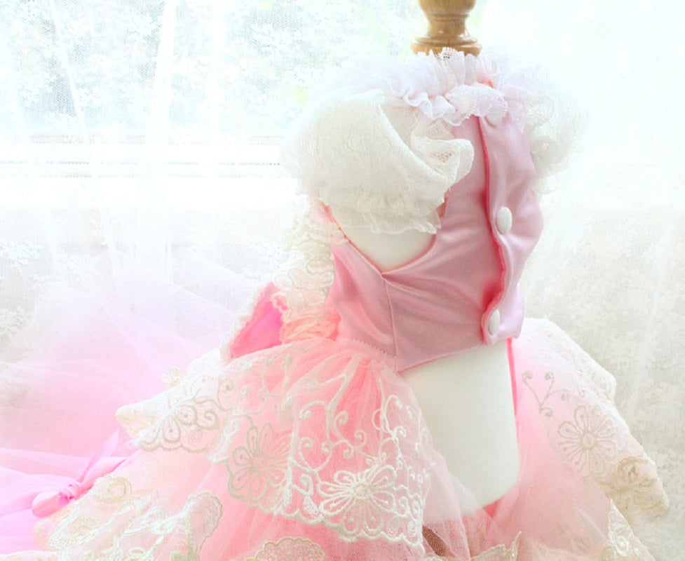 Handmade Princess Pink Lace Pet Ball Gown Dress – Luxury Layered Tulle Wedding Dress for Small Dogs