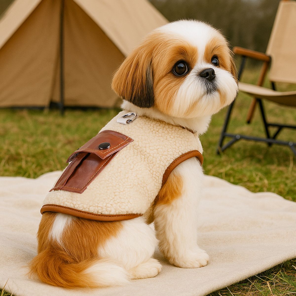 Pet Sherpa Vest with Leather Pocket and D-Ring