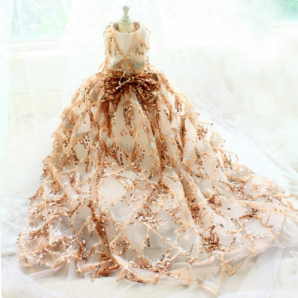 Handmade Luxury Sequin Dog Evening Dress with Train – Couture Gold Pet Gown for Weddings & Red Carpet Style