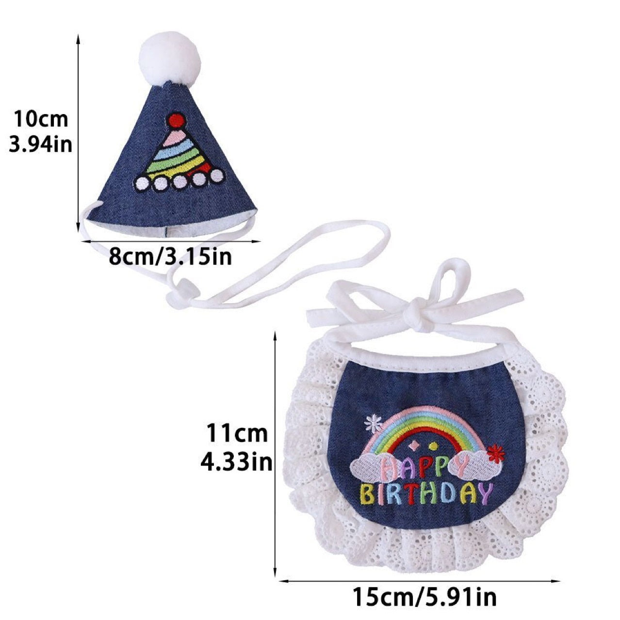 Rainbow Denim Pet Birthday Cone Hat and Bib Set