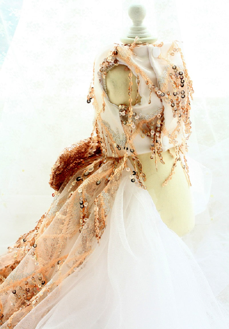 Handmade Luxury Sequin Dog Evening Dress with Train – Couture Gold Pet Gown for Weddings & Red Carpet Style