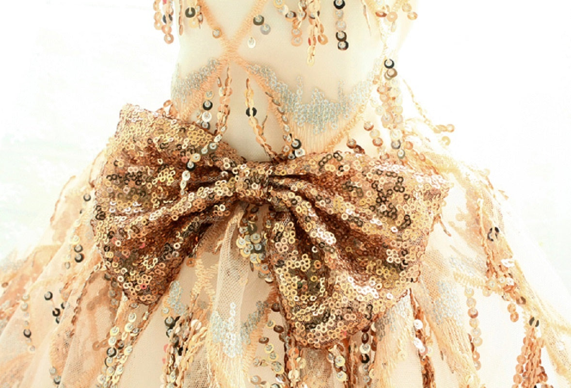 Handmade Luxury Sequin Dog Evening Dress with Train – Couture Gold Pet Gown for Weddings & Red Carpet Style