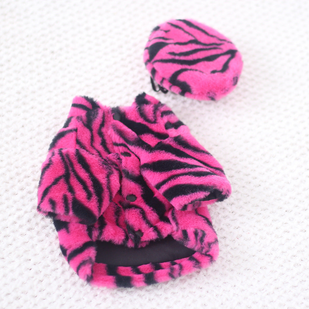 Pet Faux Fur Coat Plush Outfit with Hat Zebra Print