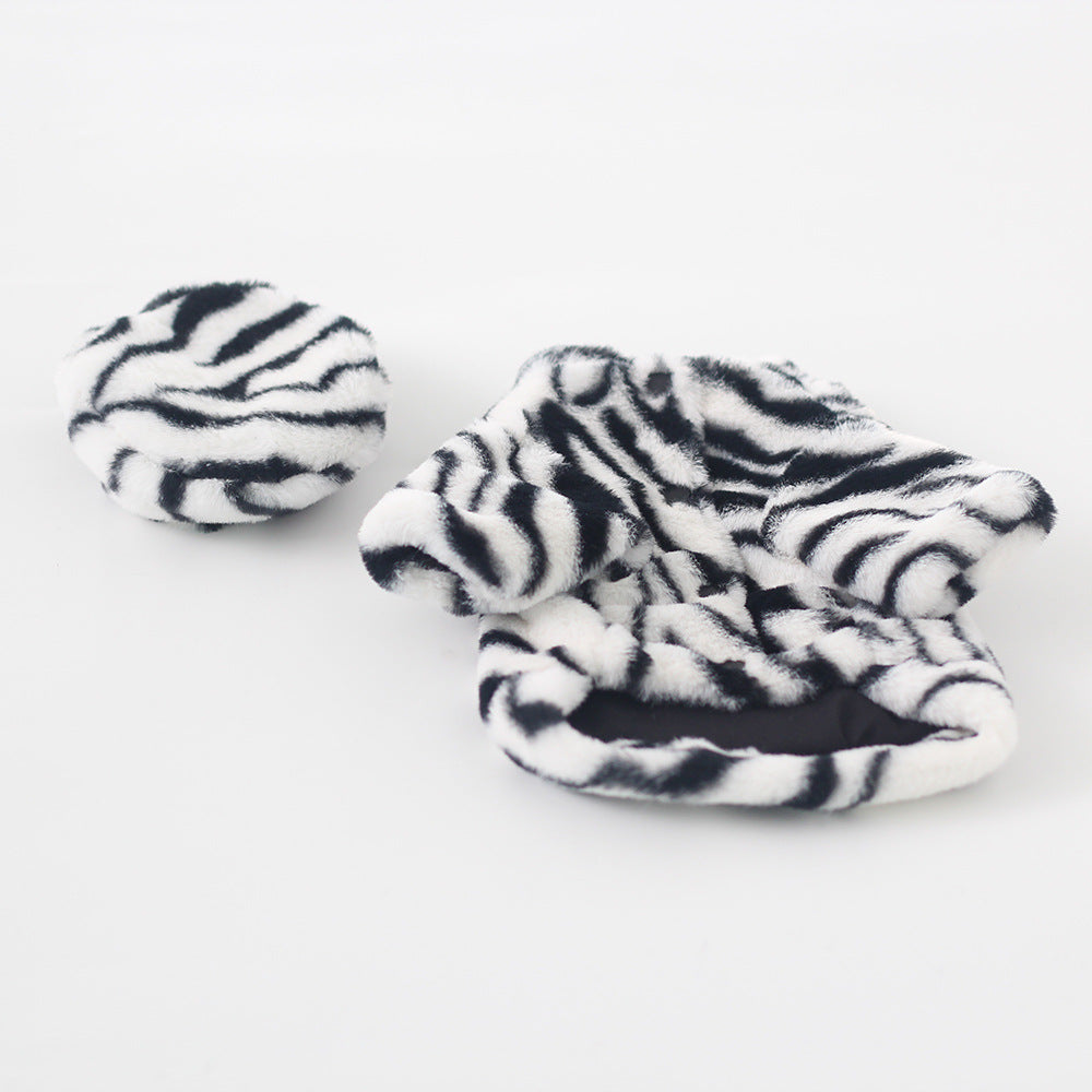 Pet Faux Fur Coat Plush Outfit with Hat Zebra Print