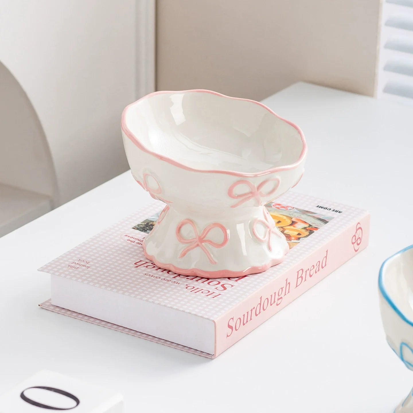 Cute Bow Ceramic Pet Bowl Elevated Princess Dog Cat Feeding Bowl