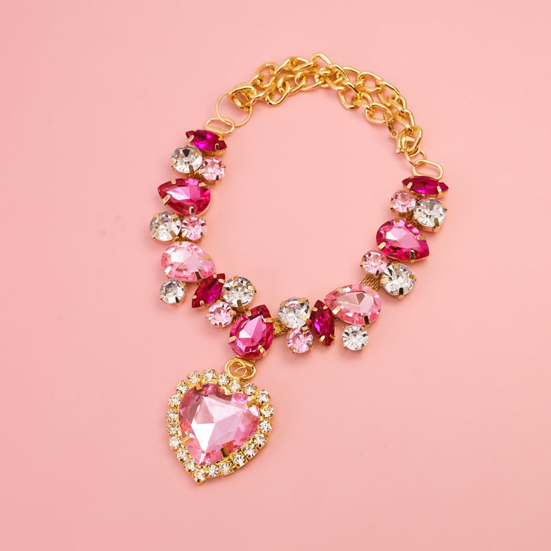 Luxury Heart Crystal Pet Necklace Dog Accessories Pink Rose Heart