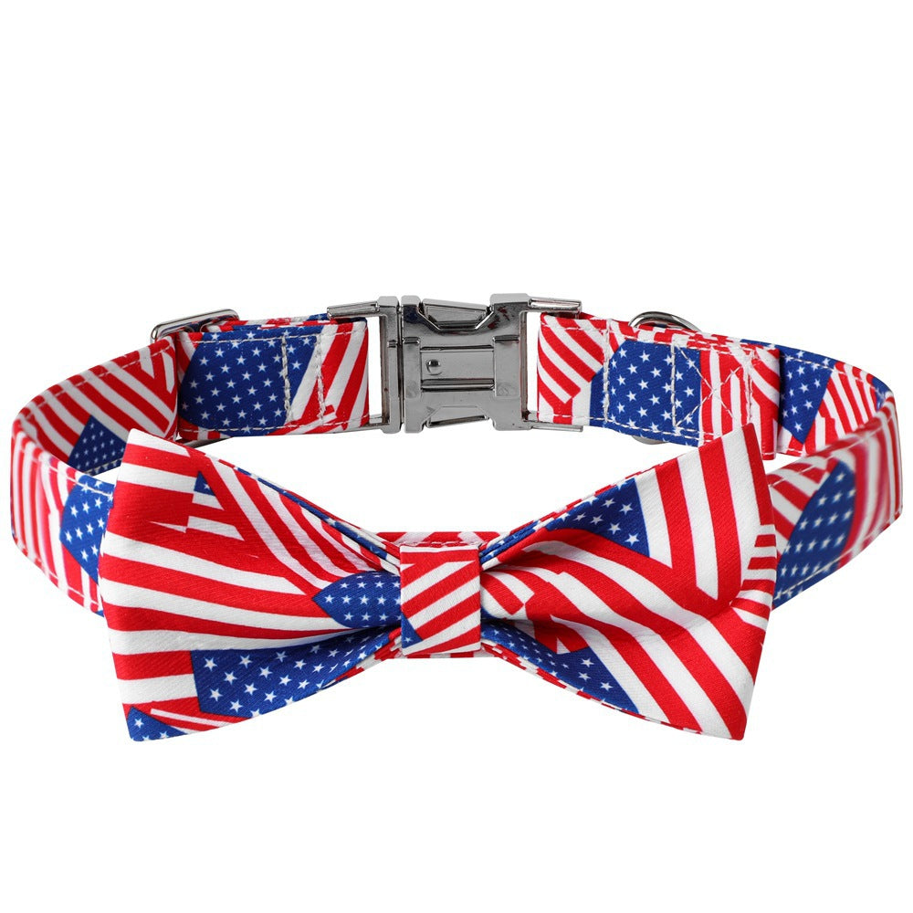 Patriotic USA Flag Dog Collar Set with Bow Tie & Leash – Adjustable Red White Blue Pet Collar for Independence Day