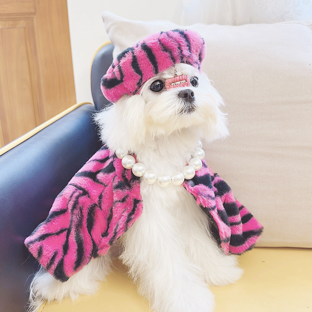 Pet Faux Fur Coat Plush Outfit with Hat Zebra Print