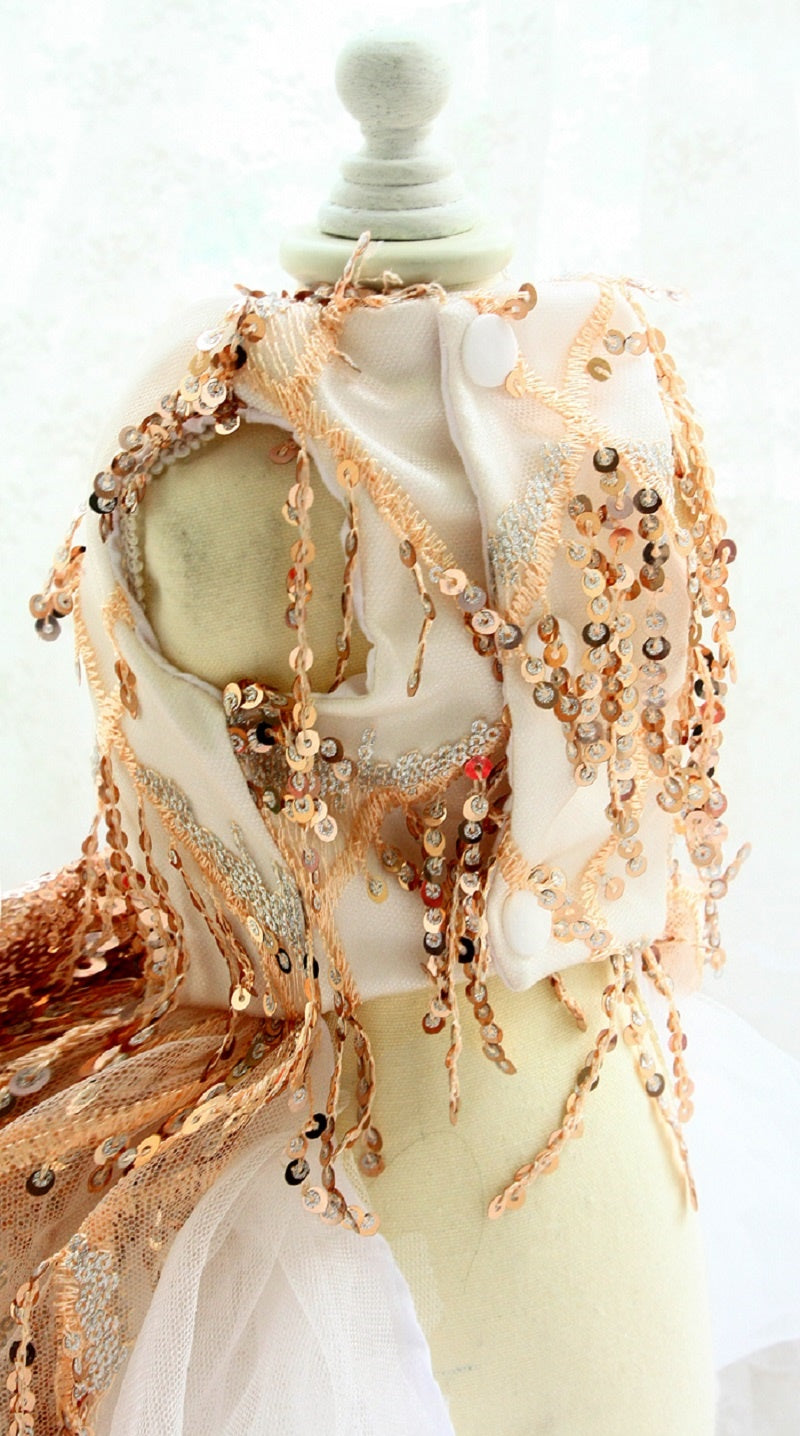 Handmade Luxury Sequin Dog Evening Dress with Train – Couture Gold Pet Gown for Weddings & Red Carpet Style