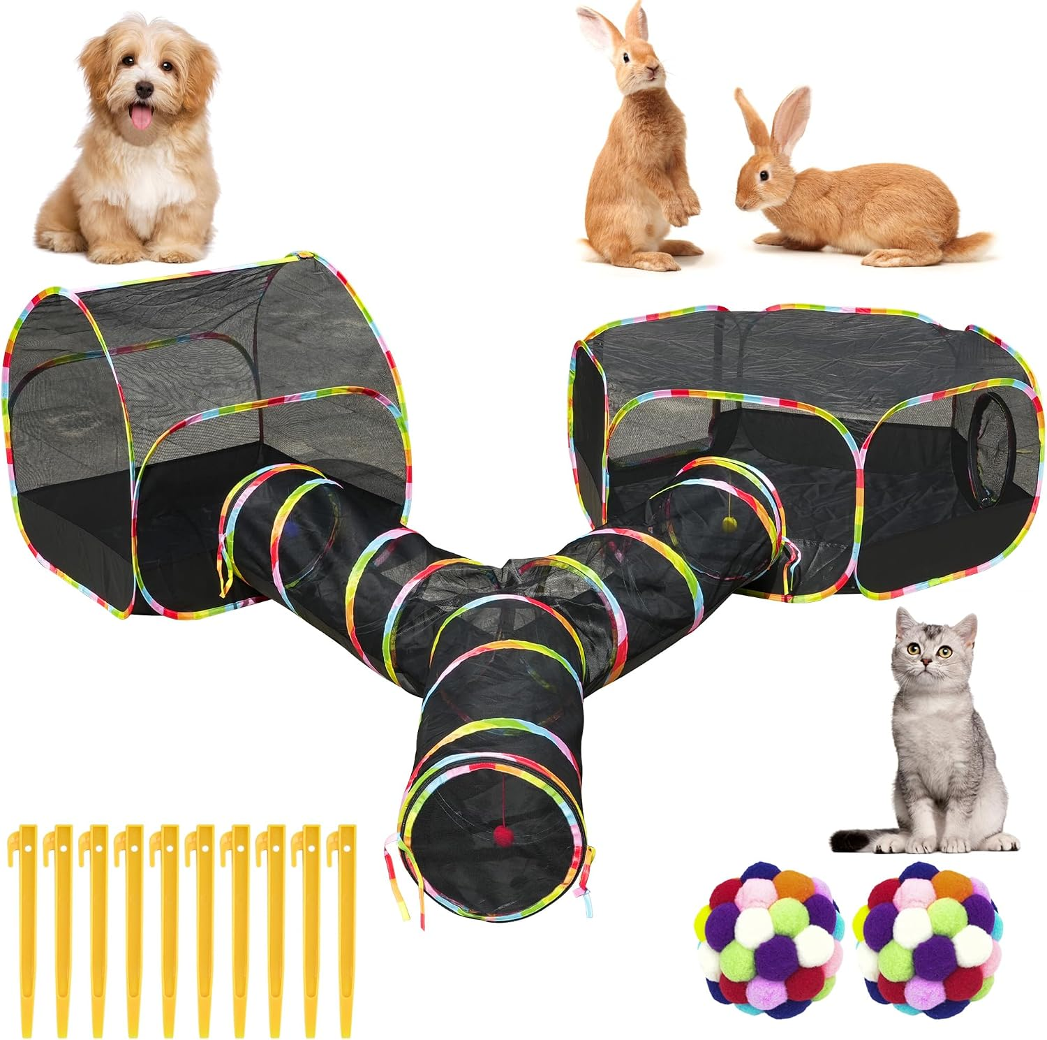 Outdoor Cat Enclosure with 134" Tunnel, XL Pop-Up Cat Tent & Playpen 3-In-1 Cat Enclosures Set