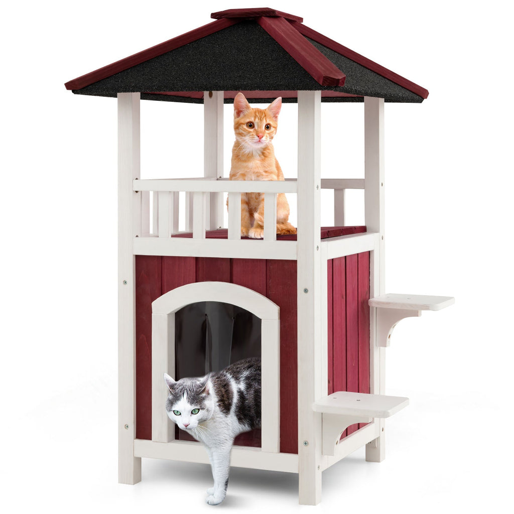 2-Story Wooden Cat House with Asphalt Roof Balcony and Rain Curtain-Red & White Default Title
