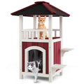 2-Story Wooden Cat House with Asphalt Roof Balcony and Rain Curtain-Red & White Default Title