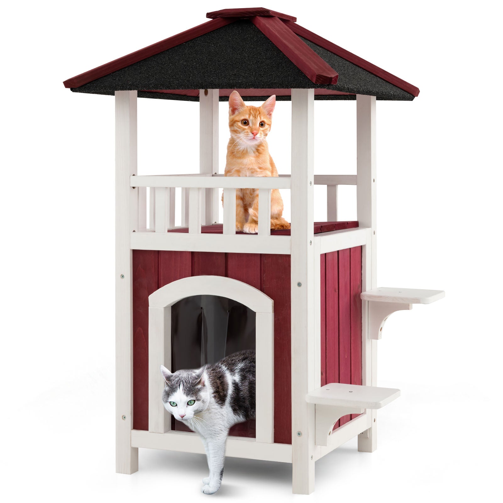 2-Story Wooden Cat House with Asphalt Roof Balcony and Rain Curtain-Red & White Default Title