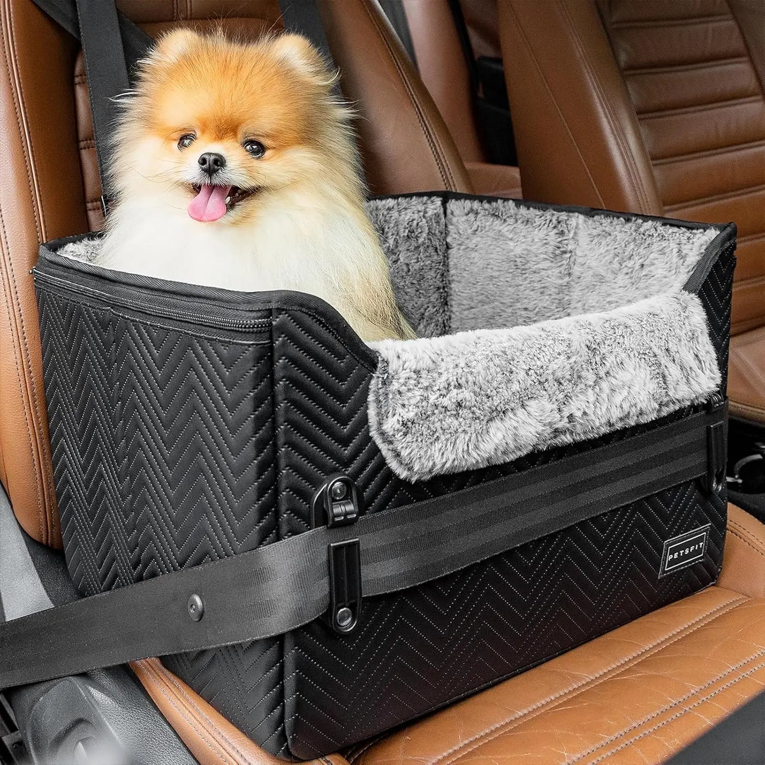 PETSFIT Small Dog Booster Car Seat with Safety Buckles & Tether, Foldable Glossy Black Faux Leather