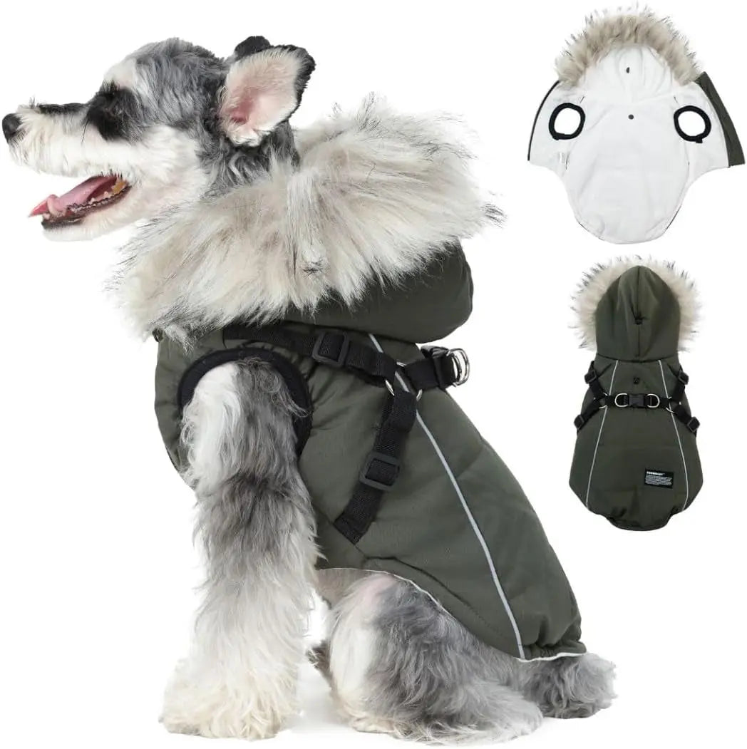 Waterproof Dog Coat Jacket with Faux Fur Hood & Reflective Strap Green