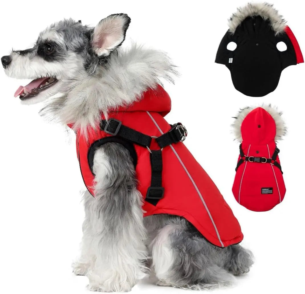 Waterproof Dog Coat Jacket with Faux Fur Hood & Reflective Strap Red