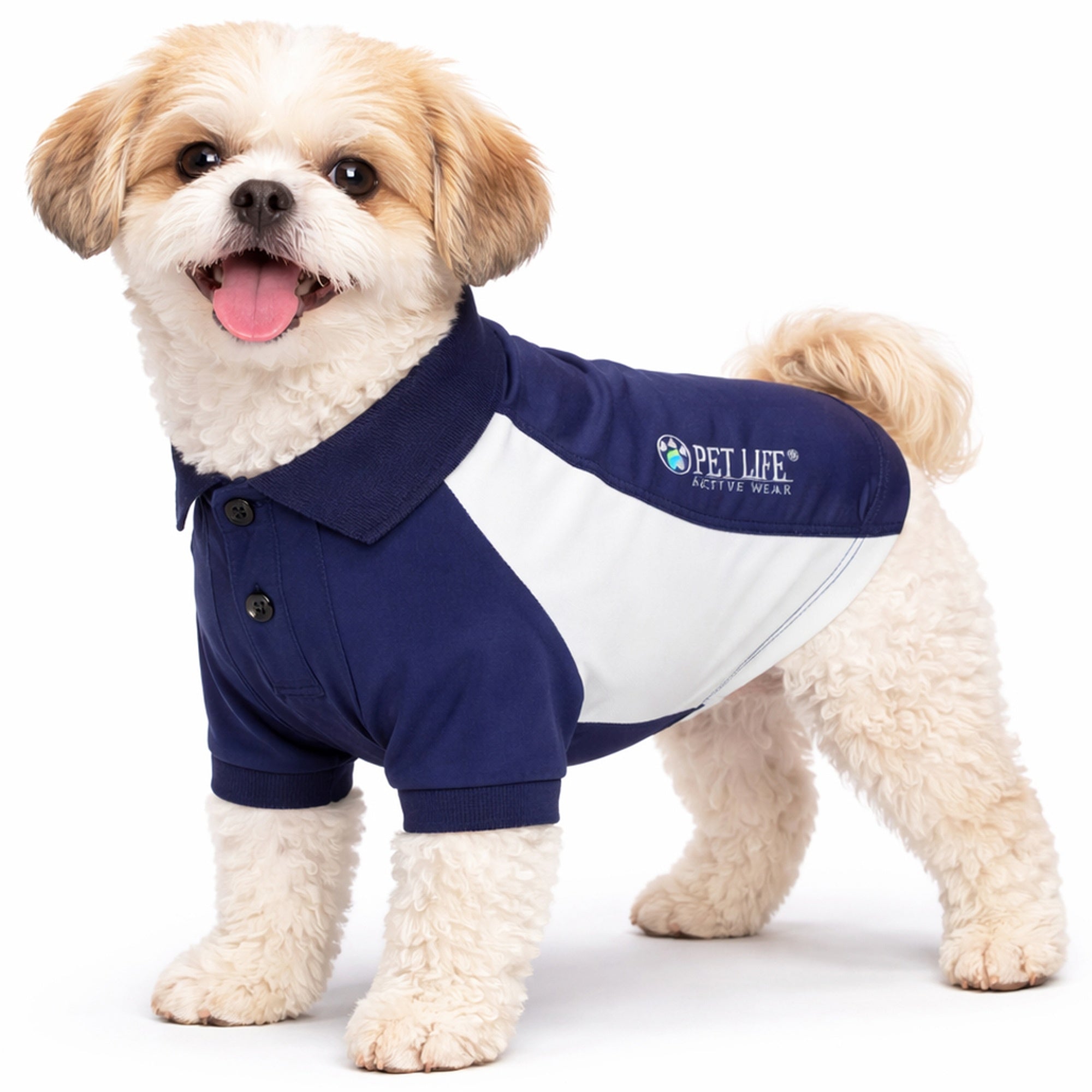 Pet Life ® Active 'Barko Pawlo' Relax-Stretch Quick-Drying Performance Dog Polo T-Shirt Navy With White