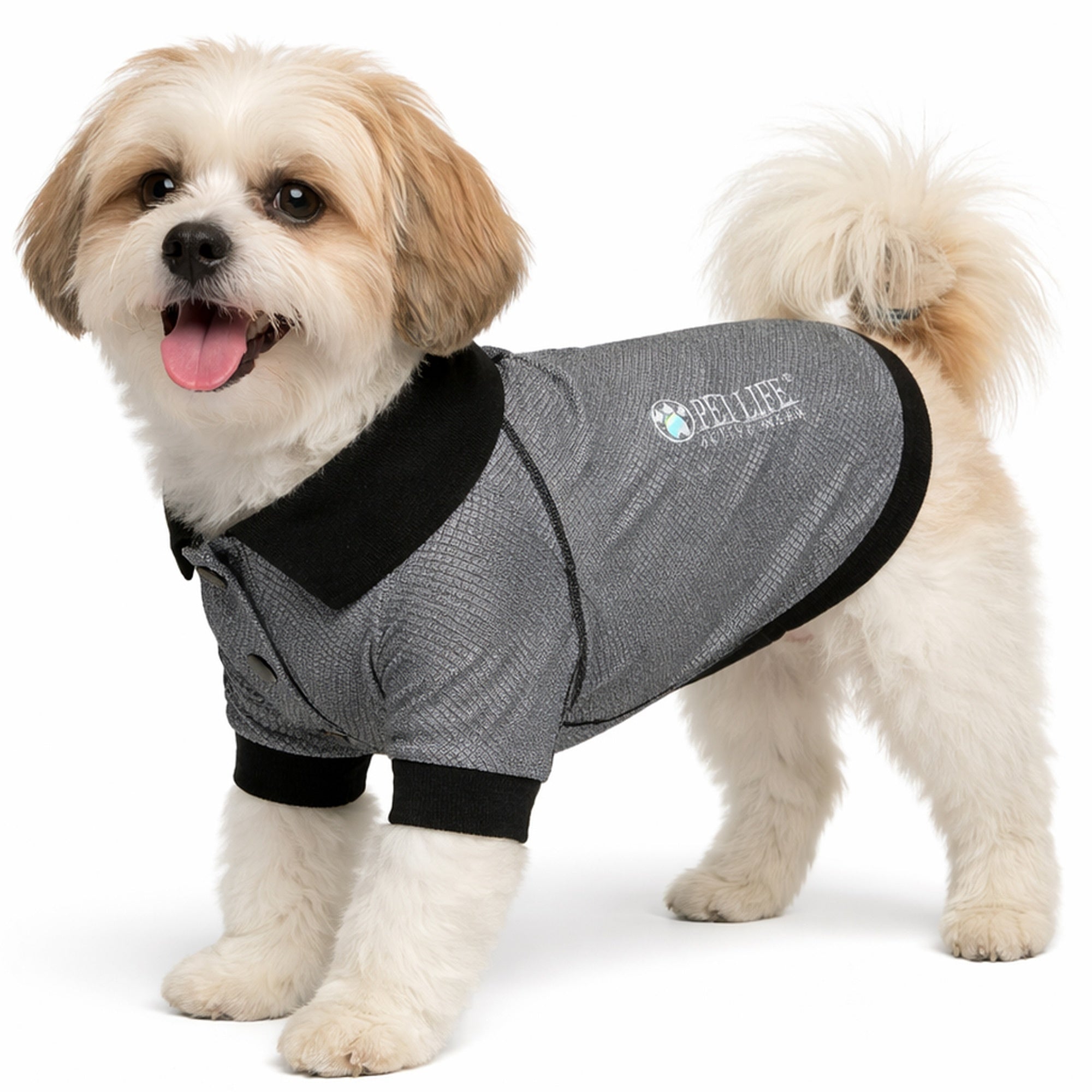 Pet Life ® Active 'Fur-Flex' Stretch and Quick-Dry Anti-Odor Fitness Yoga Dog Polo T-Shirt Gray
