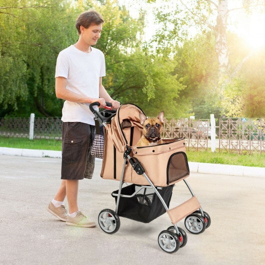 Folding Pet Stroller with Storage Basket and Adjustable Canopy-Navy