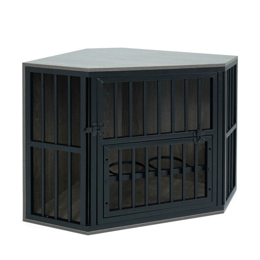 35.5 inches Wooden Dog Kennel End Table with 3-Position Dog Bowl Rack-Oak
