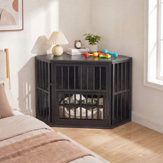 35.5 inches Wooden Dog Kennel End Table with 3-Position Dog Bowl Rack-Oak