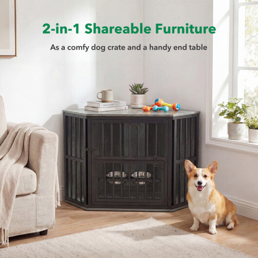 35.5 inches Wooden Dog Kennel End Table with 3-Position Dog Bowl Rack-Oak