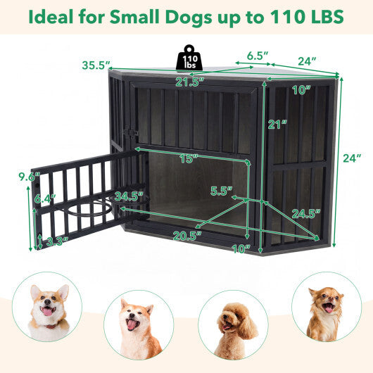 35.5 inches Wooden Dog Kennel End Table with 3-Position Dog Bowl Rack-Oak