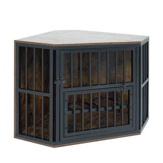 35.5 inches Wooden Dog Kennel End Table with 3-Position Dog Bowl Rack-Oak