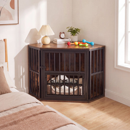 35.5 inches Wooden Dog Kennel End Table with 3-Position Dog Bowl Rack-Oak