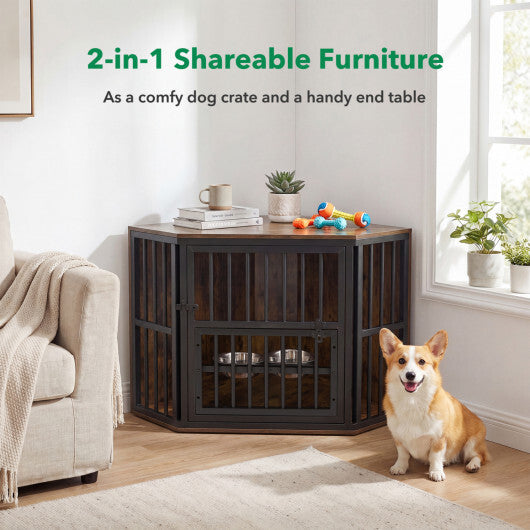 35.5 inches Wooden Dog Kennel End Table with 3-Position Dog Bowl Rack-Oak
