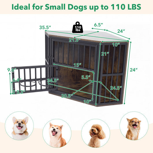 35.5 inches Wooden Dog Kennel End Table with 3-Position Dog Bowl Rack-Oak