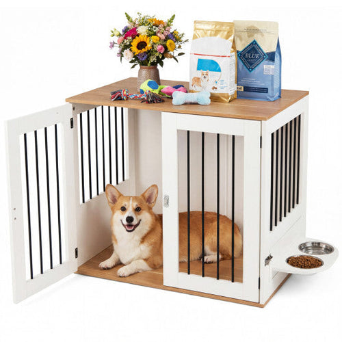 31.5" Dog Crate Furniture Wooden Dog Kennel with Double Lock Doors-White